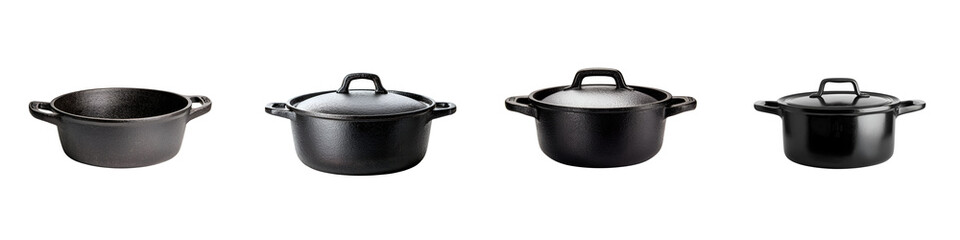 A variety of classic cast iron cookware including pots and pans with lids arranged in a kitchen environment ready for cooking and meal