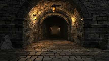 A historical tunnel made of large stone bricks, leading into a dark, narrow passageway, creating a sense of time and mystery.