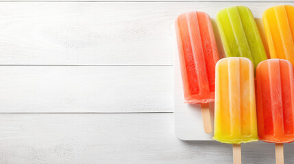 Colorful popsicles on white wooden background create refreshing summer vibe