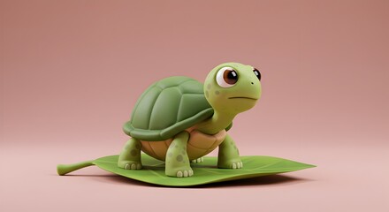 Fototapeta premium A charming 3D rendering of a cute green turtle standing on a vibrant leaf set against a soft pink background.