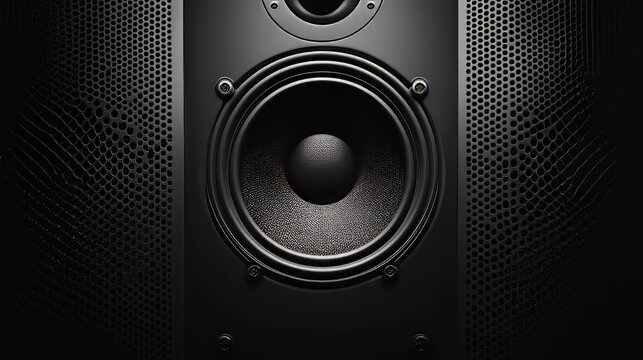 Monochromatic Sound: Close-up of a dark speaker with textured surround and a central driver.