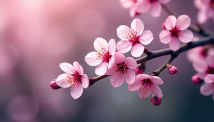 Obraz premium Delicate pink cherry blossoms, intricate branch pattern, blossom, flower