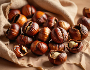 roasted chestnuts with cracked shell on plain pastel brown background cozy and seasonal