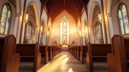 Fototapeta premium A long view down the aisle of a church, with high vaulted ceilings, empty pews, and soft sunlight coming through the stained glass.