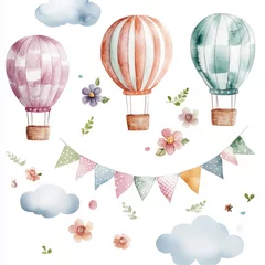 Poster cute hot air balloons and flowers illustration