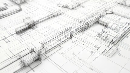 Blueprint of interconnected structures and pathways, intricate design and layout on clean white backdrop.
