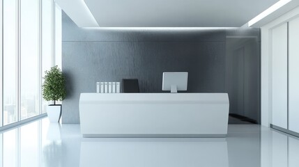 Fototapeta premium A modern reception desk with a sleek design, computer monitor, and office supplies, representing professionalism and corporate hospitality.