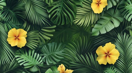 Fototapeta premium Vibrant Tropical Rainforest Foliage with Lush Green Leaves and Yellow Hibiscus Flowers for Seamless Background Design in High Resolution