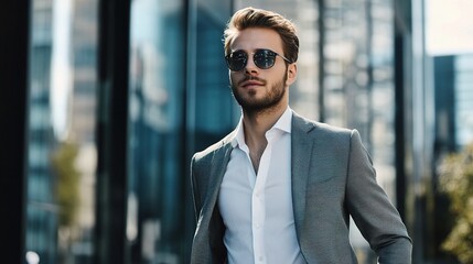 Fototapeta premium Young and Handsome Entrepreneur Walking in Modern Urban Setting