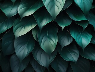 Fototapeta premium Lush green tropical leaves with smooth textures and deep shadows, creating a soothing and elegant natural pattern perfect for eco-themed design, backdrop, or wallpaper use 