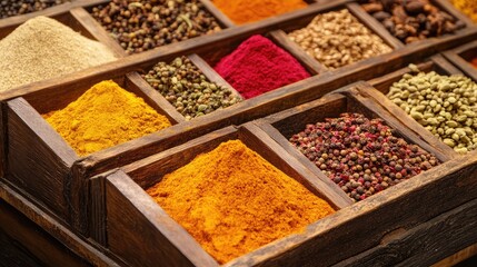 A rustic wooden spice market stall with colorful piles of fragrant spices, representing cultural culinary traditions.