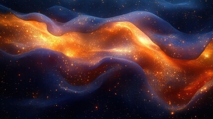 Obraz premium Shimmering Iridescent Silk Fabric Depicting Vibrant Waves of Color in a Cosmic Surf-like Pattern with Stars and Light Effects