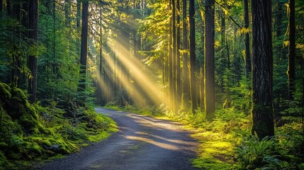 Obraz premium A scenic bicycle path winding through a dense forest with sun rays filtering through the tall trees, creating a peaceful and adventurous outdoor atmosphere.