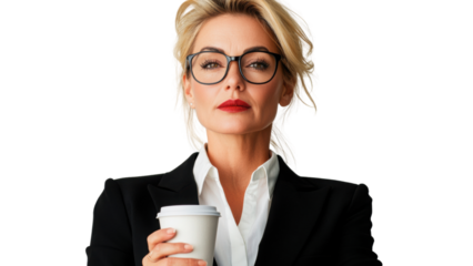 Png of Confident businesswoman in glasses holding a coffee cup, exuding professionalism and poise on transparent background.