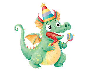Obraz premium Whimsical Baby Dragon Birthday, A charming watercolor illustration of a baby dragon wearing a party hat and holding a colorful lollipop, perfect for children's content