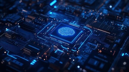 Fototapeta premium AI brain concept: Glowing brain outline on a chip. Technology and artificial intelligence convergence.