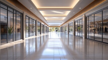 A spacious mall corridor leading to empty stores, with wide windows offering views of the outdoors and bright overhead lights.