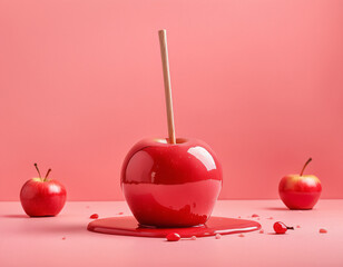 candied apple with glossy red coating on plain pastel pink background festive and nostalgic