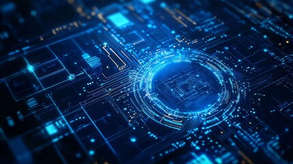 Intricate blue circuit board design with glowing elements showcasing technological complexity and innovation.