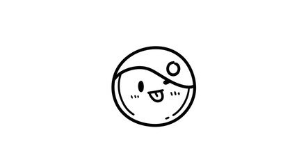 Simple line art illustration of a cute, round character with a playful expression, featuring large eyes and a smiling mouth.