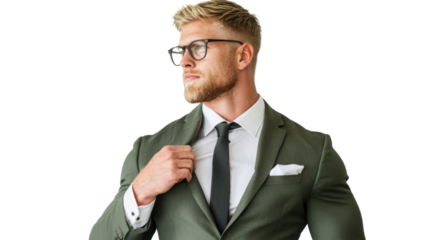 Png of Stylish young Caucasian man in a tailored suit and glasses, exuding confidence and sophistication on transparent background.