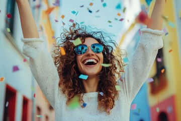 A dynamic and engaging marketing image of a happy woman, celebrating a surprise online deal, hands in the air, bright and modern aesthetic.