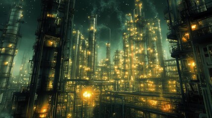 Towering cracking units made of glass, reactor vessels flickering like stars, pipes shifting and reshaping in a strange, dreamlike petrochemical facility.