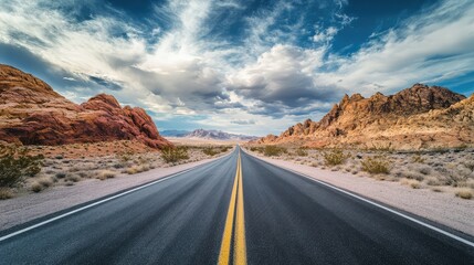 A vast open desert highway disappearing into the horizon, surrounded by red rock formations and dramatic skies, representing freedom and road trips.