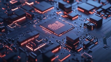 Circuit board with glowing components, representing advanced technology and intricate electronic design.