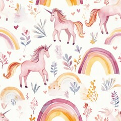 Seamless Watercolor Patterns Unicorn Rainbow (Cute Style) Watercolor Unicorn Rainbow Pattern with Pastel Floral Elements
