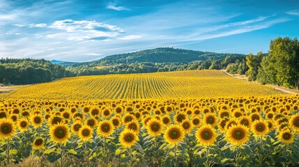 Fototapeta premium A vast sunflower field stretching to the horizon under a bright blue sky, capturing the warmth and vibrancy of summer.