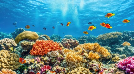 Fototapeta premium A vibrant coral reef with clear blue waters, teeming with colorful fish and marine life, perfect for underwater travel.