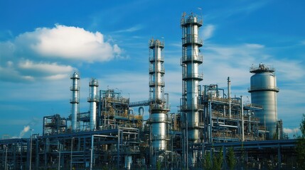 Petrochemical plant where cracking units grow like plants, reactor vessels hover above the ground, and the machinery seems to be alive.