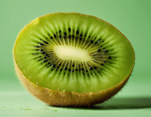 ripe kiwi sliced revealing vibrant green flesh on plain pastel green background fresh and exotic