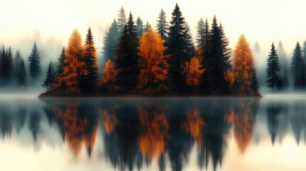 Obraz premium Misty autumn island reflected in a serene lake