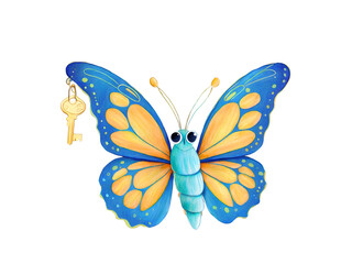 Whimsical Butterfly Illustration, A Fantasy Insect Holding the Key to Imagination and Dreams in Vibrant Blue and Yellow Colors, Perfect for Children's Books