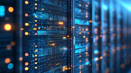 Data Center Servers: Rows of illuminated server racks in a data center, conveying technology and data flow.