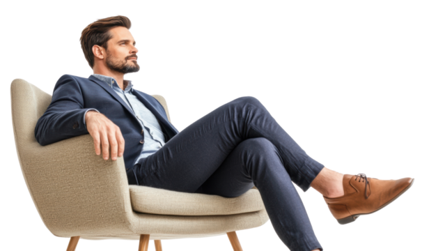 Png of Relaxed Caucasian man in a stylish suit sits confidently in a modern chair, exuding charm and sophistication on transparent background.
