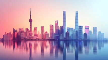 Stunning city skyline reflecting in water during sunrise, vibrant colors and towering skyscrapers.