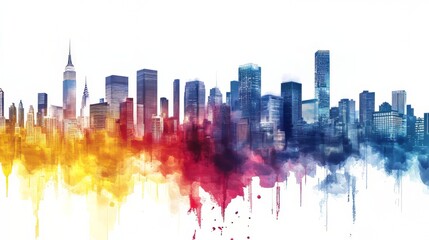 Obraz premium Colorful watercolor depiction of a cityscape against a white background, blending urban architecture with art.
