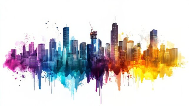 Watercolor cityscape: vibrant skyline with tall buildings, artistic flair, and a splash of urban charm.