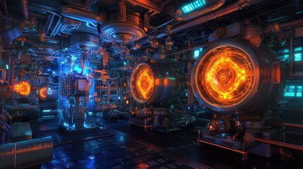 Obraz premium Cracking units made of shimmering light, reactor vessels covered in strange symbols, the pipes and machinery pulsating with an eerie glow.