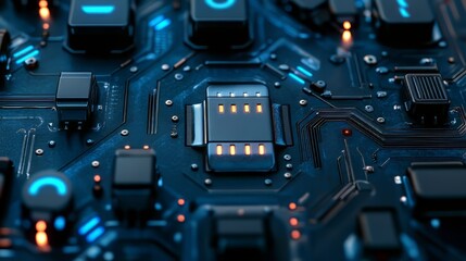 Fototapeta premium Electronic circuit board featuring glowing components and intricate design elements, technology representation