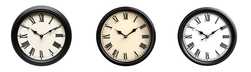Set of classic round wall clocks with black numerals and hands isolated on a white or transparent background.