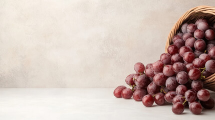 basket of fresh red grapes spills onto light surface