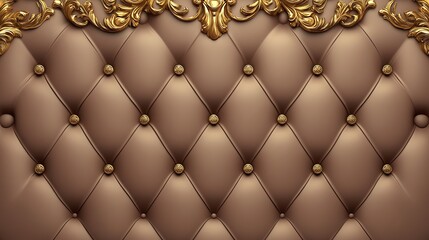 A luxurious upholstered headboard with golden ornate detailing on top