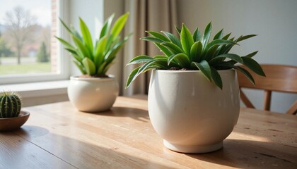 Fototapeta premium Potted plants on wooden table in bright indoor setting