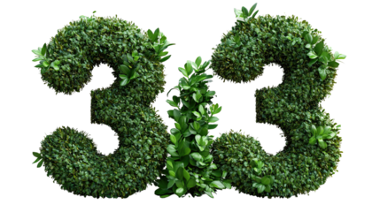 Number 33 formed by Bush: Elegant living numerals, '33', meticulously sculpted from lush green foliage, offer a refreshing and natural visual interpretation of the number.