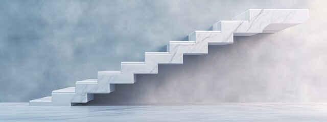 A modern and minimalist white marble staircase floating in a vast, empty space, symbolizing infinite possibilities and abstract concepts. 