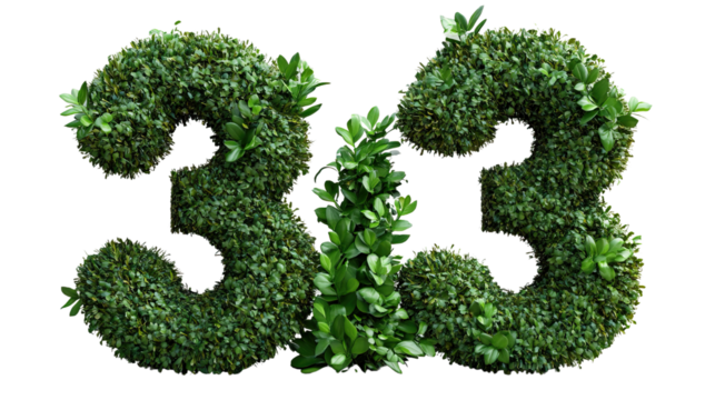 Number 33 formed by Bush: Elegant living numerals, '33', meticulously sculpted from lush green foliage, offer a refreshing and natural visual interpretation of the number.